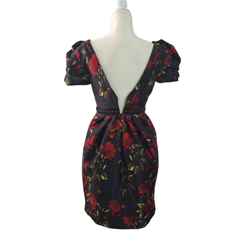 Mac Duggal Black and Red Rose Mini Dress - Picture 3 of 8